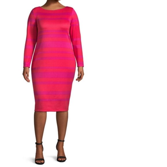 NWT Project Runway Pink Red Striped Midi Dress Size XL Extra Large Long Sleeves - Picture 2 of 9